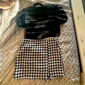 Houndstooth skirt, black silk blouse size small